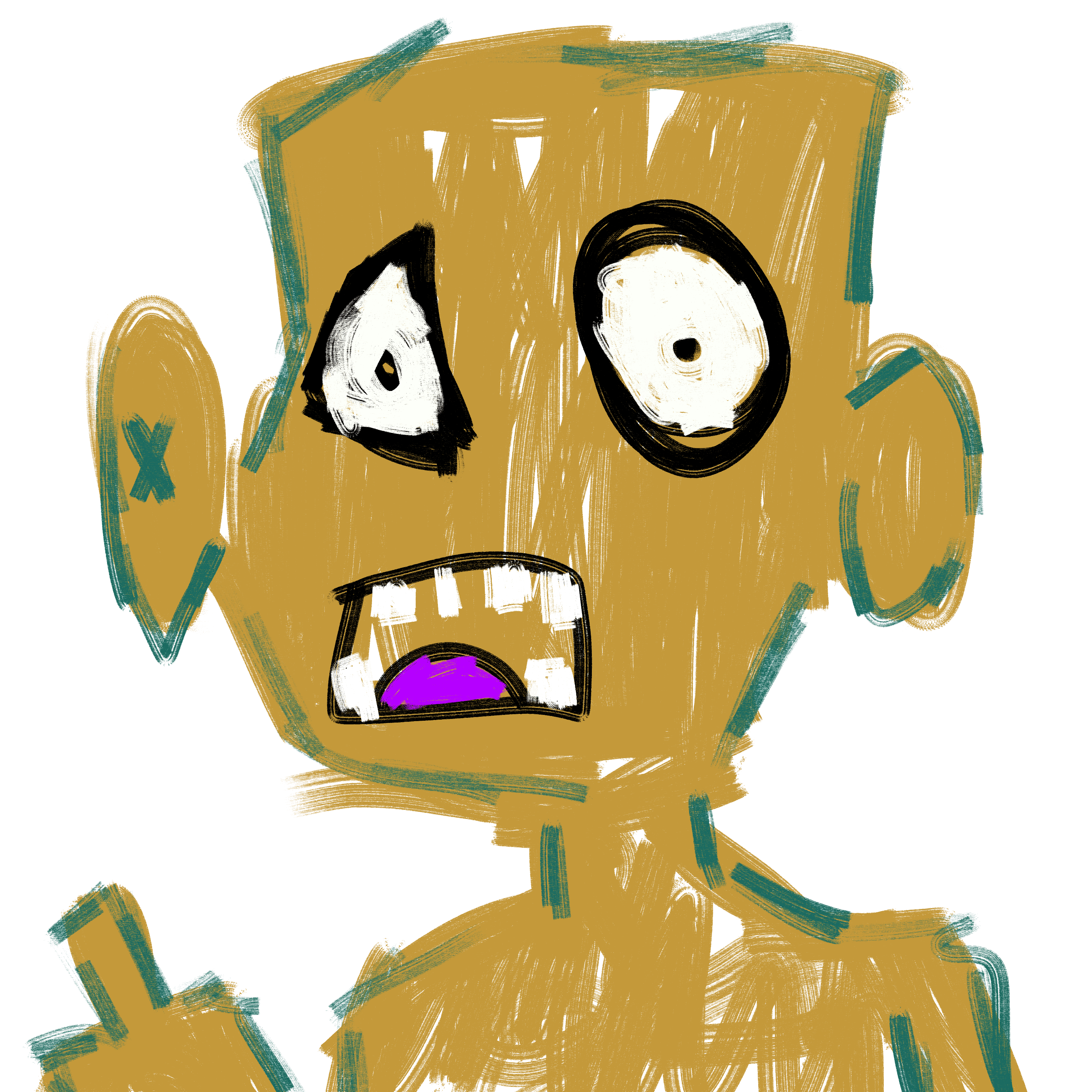 mustard ugly guy with uneven eyes and a scared mouth
